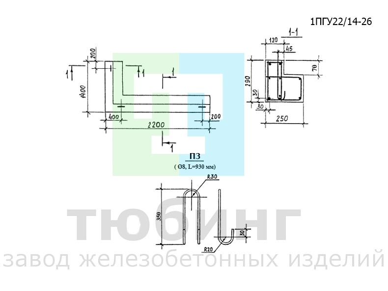 Перемычка угловая несущая 1ПГУ22/14-26 по серии 1.038.1-1 вып.13