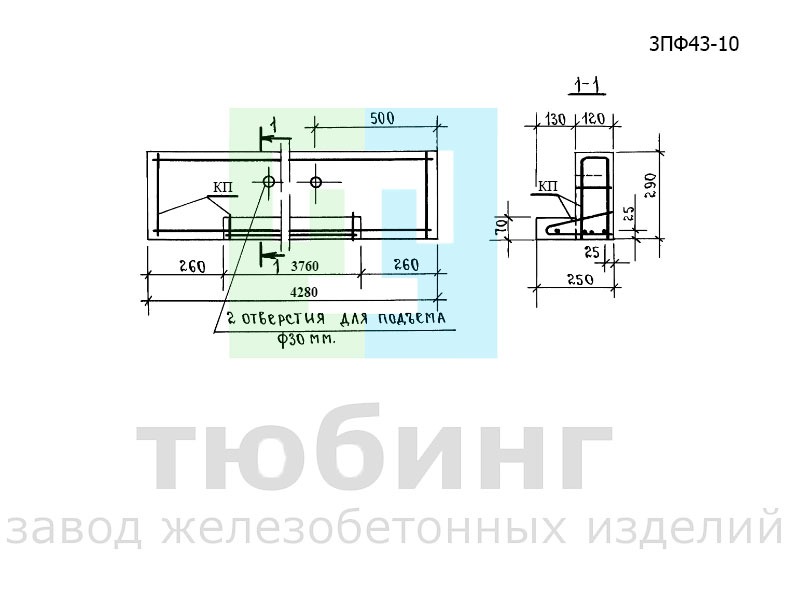 Фасадная железобетонная перемычка 3ПФ43-10 по серии 1.038.1-1 выпуск 6