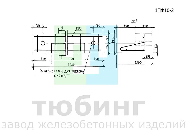 Фасадная железобетонная перемычка 1ПФ10-2 по серии 1.038.1-1 выпуск 6