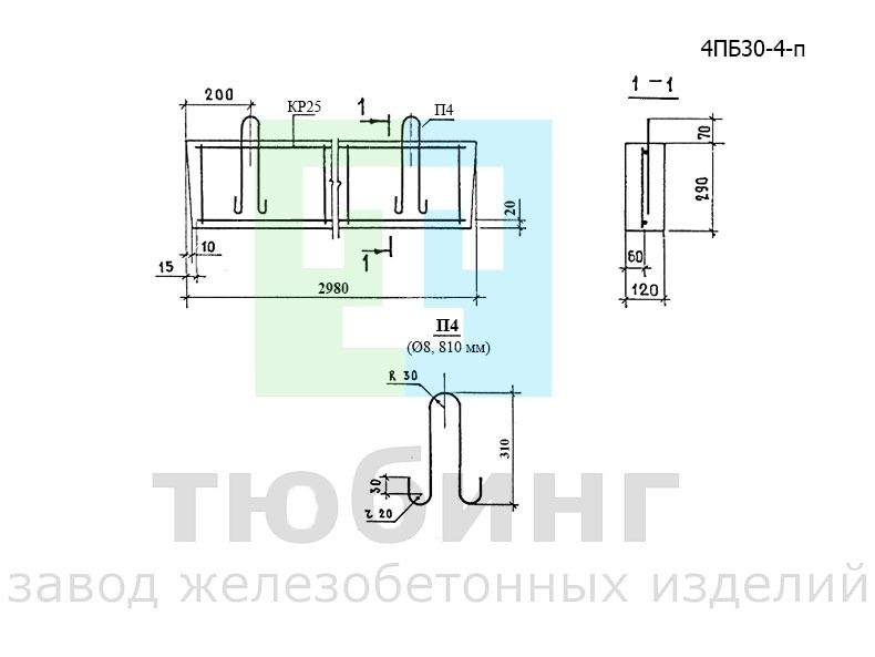 Перемычка брусковая 4ПБ30-4-п по серии 1.038.1-1, вып.1