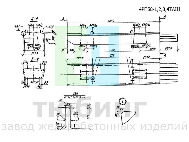 Блок ригеля 4РП58-1,2,3,4ТAIII по серии 3.503.1-100, вып.3