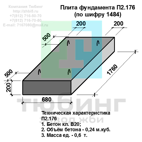 Компания Изделий выпускает сборные железобетонные плиты фундамента П2.176 по шифру 1484, предназначенные для применения под насыпями железных и автомобильных дорог в умеренных и суровых климатических условиях в районах с расчетной сейсмичностью до 9 баллов. Конструкция блоков одинаковая для труб под железную и автомобильную дороги. Материал блоков - конструкционный тяжелый бетон по ГОСТ26633-91 В20. Марка по водонепроницаемости не ниже W6, по морозостойкости не ниже F300. В качестве рабочей арматуры используется арматура периодического профиля из низколигированной стали класса А-III марка 25Г2С по ГОСТ5781-82. В качестве конструктивной используется арматура из углеродистой горячекатаной стали А-I марки Ст3сп по ГОСТ5781-82. Для монтажных петель используется арматурная сталь класса А-I марки Ст3сп по ГОСТ5781-82. Все блоки имеют марку. Марка блока состоит из одной или двух буквенно-цифровых групп, разделенных дефисом. Первая группа содержит наименование блок, его типоразмер и основную геометрическую характеристику в см; вторая группа обозначение применения: климатические условия - суровые (F), повышенная агресивность среды (О). Минимальная прочность бетона блоков труб ко времени выдачи конструкций на склад не менее 70%. Отпускная прочность бетона - 100%. Цены на плиты фундамента П2.176 указаны с учетом НДС, без учета доставки. Стоимость плит фундаментных П2.176 может меняться в зависимости от объема и общей ситуации на строительном рынке. Представленные на сайте цены на ЖБИ не являются публичной офертой.