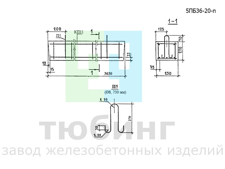 Перемычка брусковая 5ПБ36-20-п по серии 1.038.1-1, вып.1